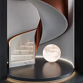 Modern Staircase With Marble Steps Copper Handrail And Moon Shaped Light Fixture