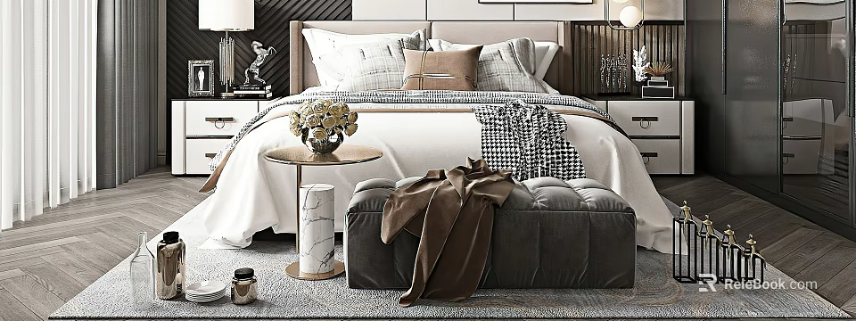 Double Bed In Modern Bedroom With Multiple Pillows Velvet Ottoman And Marble Side Table 3d model 
