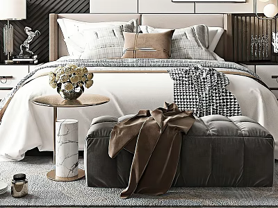 Double Bed In Modern Bedroom With Multiple Pillows Velvet Ottoman And Marble Side Table 3d model