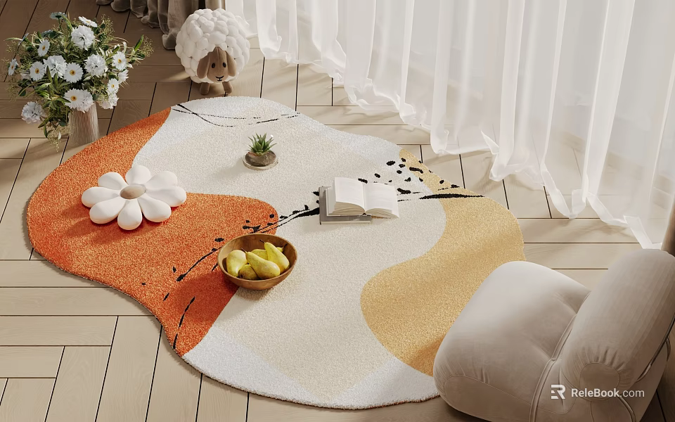 Square Area Rug With Orange White Beige Wavy Pattern White Flower Decor On Wooden Floor 3d model 