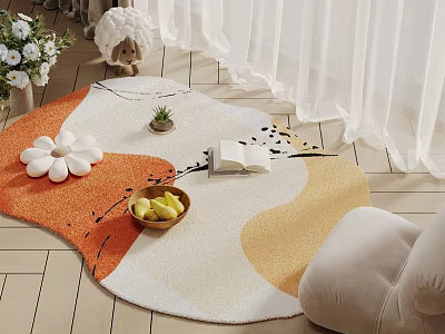 Square Area Rug With Orange White Beige Wavy Pattern White Flower Decor On Wooden Floor 3d model