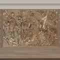 Wooden Carved Background Wall With Dragon Phoenix Pattern And Decorative Shelves