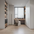 Modern Walk in Closet Interior With Cabinets Open Shelves Chair And Window