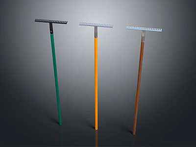 Three Agricultural Rakes With Long Colored Handles For Efficient Farming Work 3d model