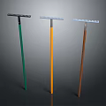 Three Agricultural Rakes With Long Colored Handles For Efficient Farming Work