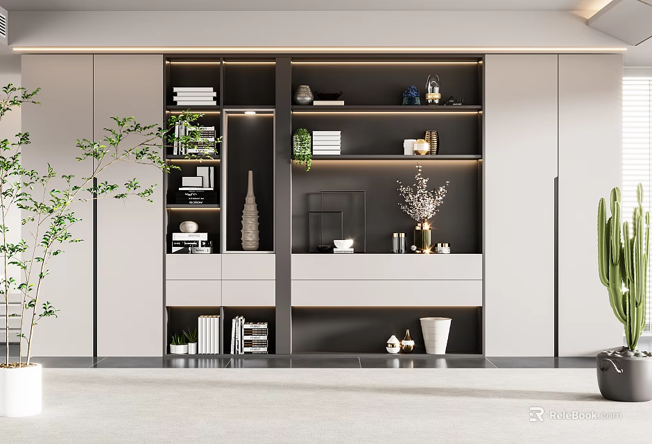Modern Bookcase with Layered Shelves Books Decorative Ornaments and Potted Plants in Neutral Tones 3d model 