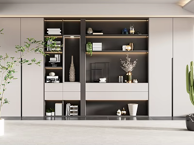 Modern Bookcase with Layered Shelves Books Decorative Ornaments and Potted Plants in Neutral Tones 3d model