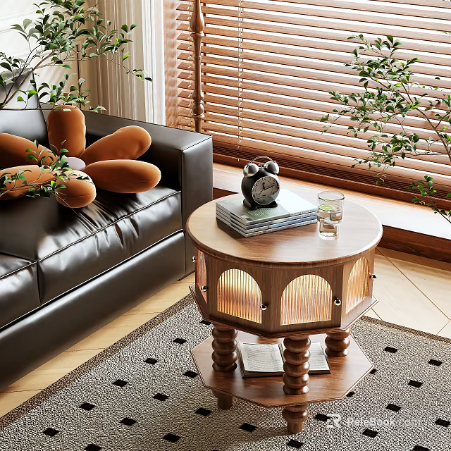 Wooden Round Side Table In Living Room With Alarm Clock Books Glass And Green Plants 3d model 