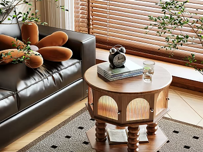 Wooden Round Side Table In Living Room With Alarm Clock Books Glass And Green Plants 3d model