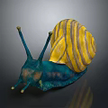 Unique Vibrant Snail With Blue Body Yellow Striped Shell And Long Antennae