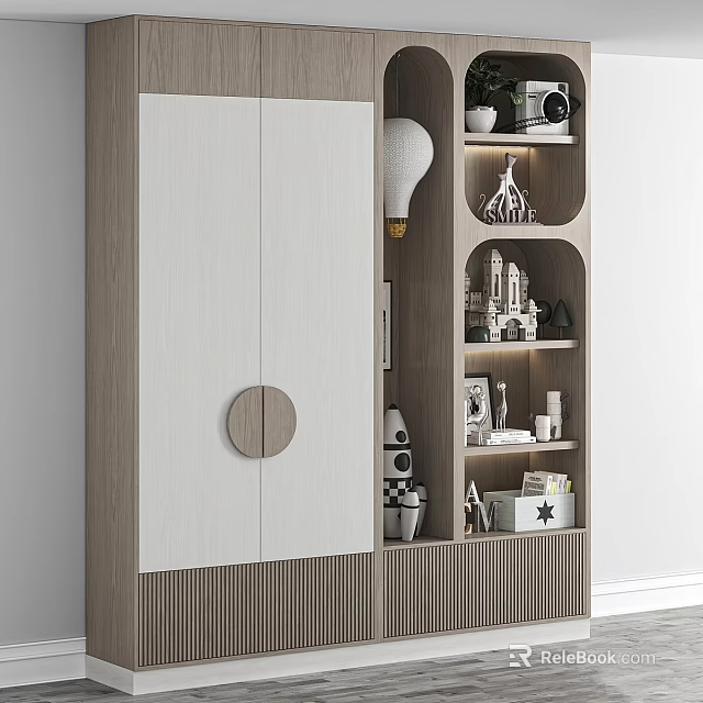 Modern Wooden Wardrobe Interior With White Panel Circular Handle And Open Display Shelves 3d model 