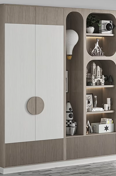 Modern Wooden Wardrobe Interior With White Panel Circular Handle And Open Display Shelves 3d model