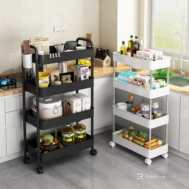 Multi Tiered Black and White Kitchen Storage Racks with Wheels Holding Supplies Vegetables Jars 3d model 