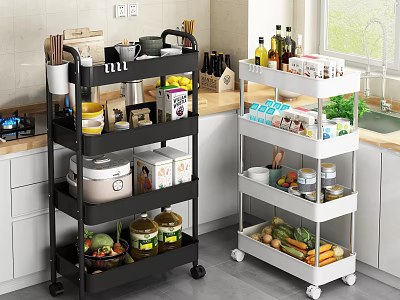 Multi Tiered Black and White Kitchen Storage Racks with Wheels Holding Supplies Vegetables Jars 3d model