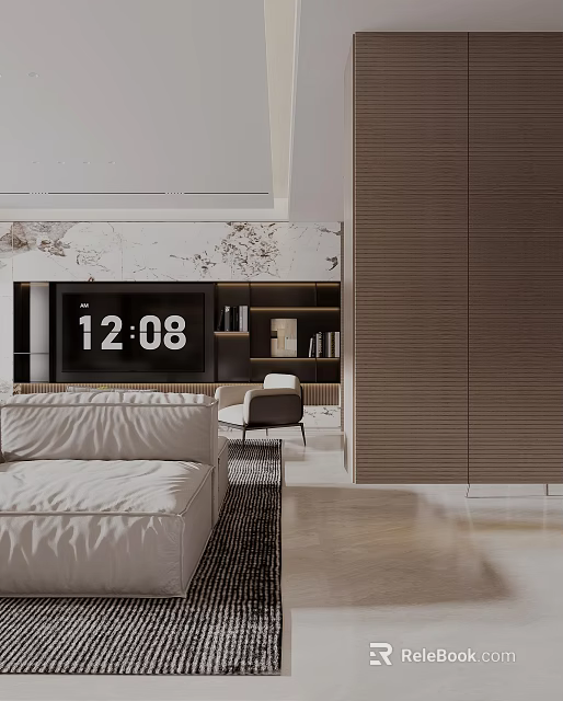 Modern Luxurious Living Room With Large Screen TV Beige Sofa Bookshelf And Brown Cabinet 3d model 