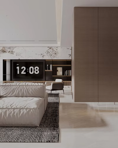 Modern Luxurious Living Room With Large Screen TV Beige Sofa Bookshelf And Brown Cabinet 3d model
