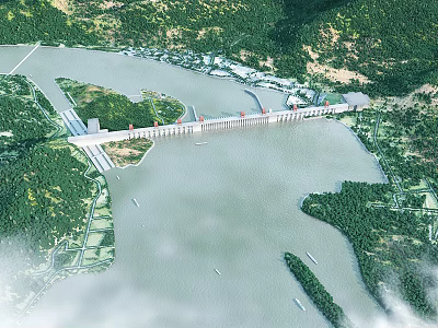 Aerial View Of Dam Spanning River With Green Mountains And Lush Vegetation 3d model