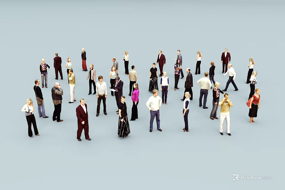 Group of People in Different Clothing Standing on Light Blue Background 3d model