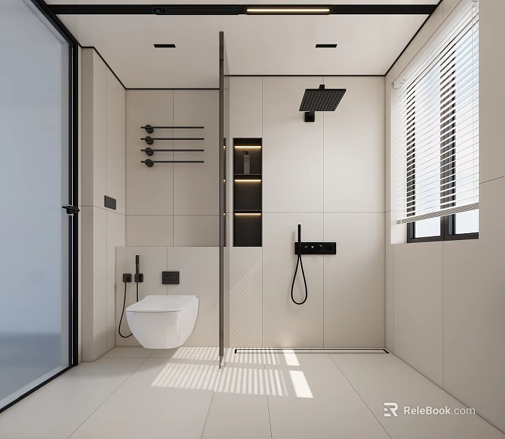 Modern Minimalist Neutral Toned Bathroom Interior With Wall Mounted Toilet And Sleek Black Shower Fixtures 3d model 