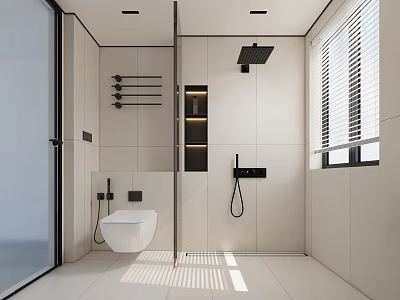 Modern Minimalist Neutral Toned Bathroom Interior With Wall Mounted Toilet And Sleek Black Shower Fixtures 3d model