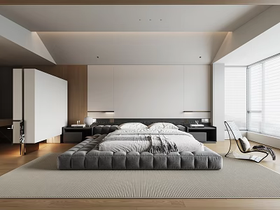 Modern Minimalist Bedroom Interior With Platform Bed Wooden Floor And Window Blinds 3d model