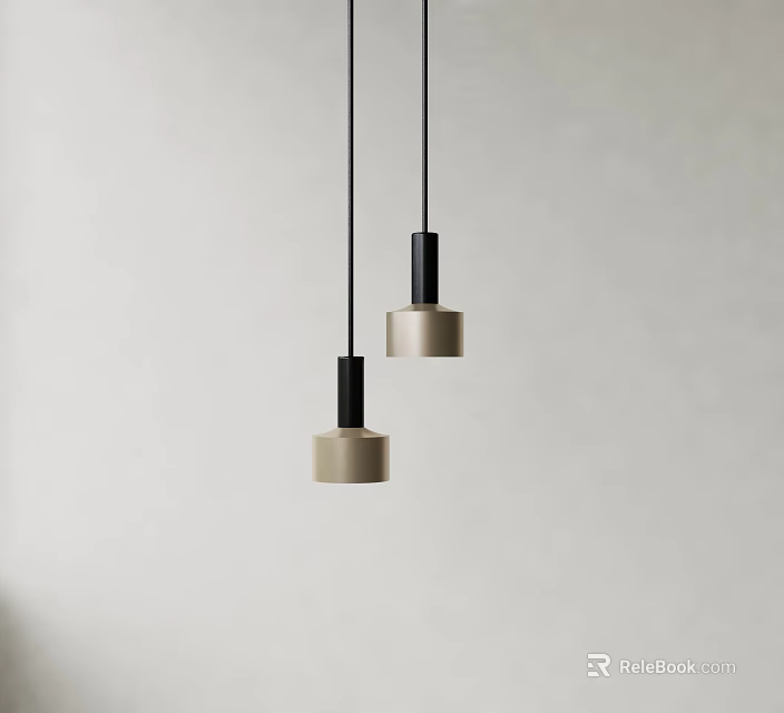 Two Modern Pendant Lights With Black Rods And Beige Shades Against Light Colored Wall Background 3d model 