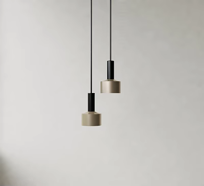 Two Modern Pendant Lights With Black Rods And Beige Shades Against Light Colored Wall Background 3d model