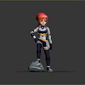 Game Character With Red Hair White And Blue Outfit Standing On Rock Green Grass