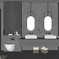 Double Vanity Sink with Oval Backlit Mirrors on Gray Marble Wall and Green Plant
