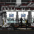 Modern Fitness Gym With Yellow Workout Machines Black Floor And Red Ceiling Lights