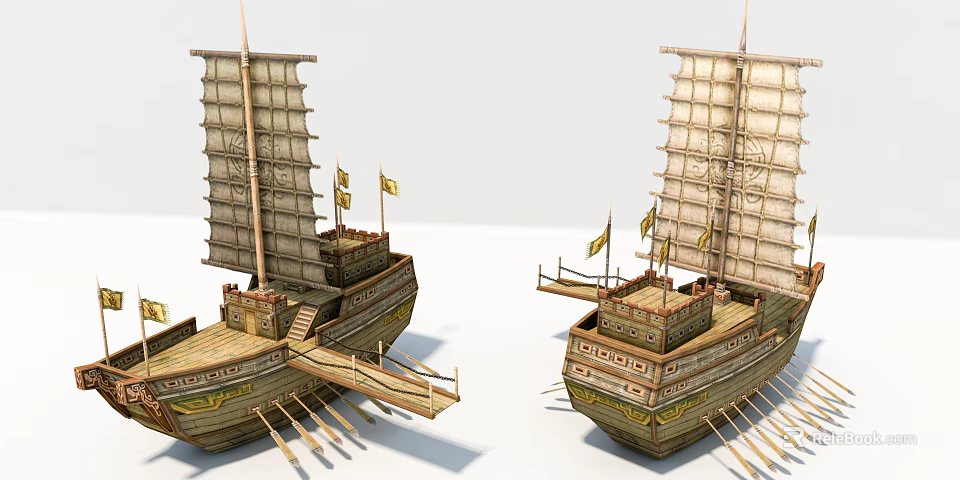 Pair Of Traditional Wooden Ships With Sails Flags Ornate Structures And Oars 3d model 