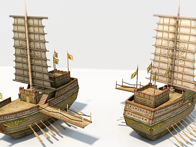 Pair Of Traditional Wooden Ships With Sails Flags Ornate Structures And Oars 3d model