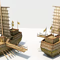 Pair Of Traditional Wooden Ships With Sails Flags Ornate Structures And Oars