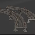 Tram Curved Elevated Tracks with Stone Pillars and Electric Poles Structure Design 3d model