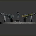 Three Unique Firearms With Diverse Color Patterns Displayed On Round Platform