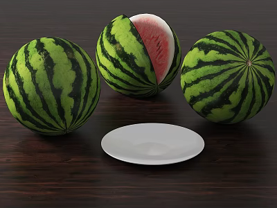 Fresh Watermelons With Sliced Red Flesh And White Plate On Dark Wooden Table 3d model