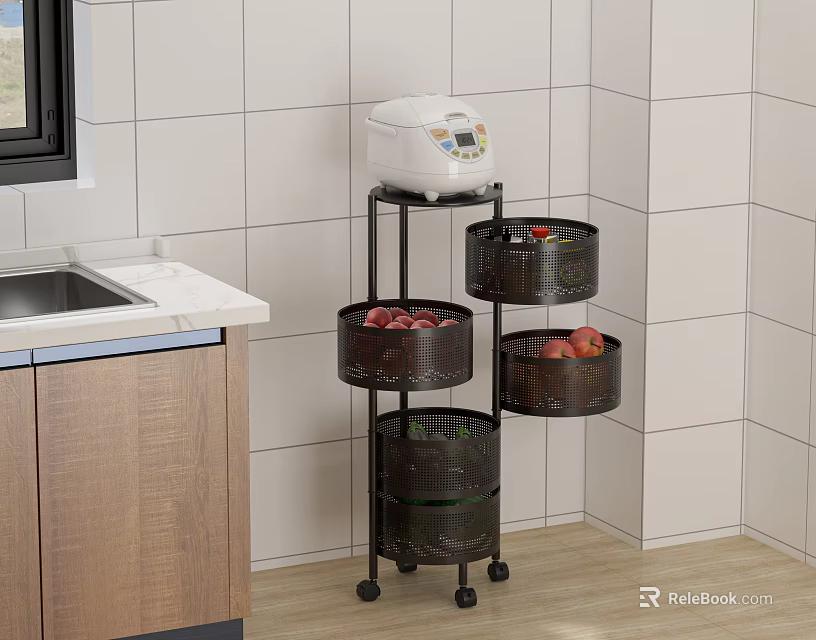 Wheeled Multi Tier Kitchen Storage Rack With Rice Cooker And Fruit Baskets 3d model 