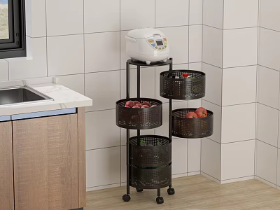 Wheeled Multi Tier Kitchen Storage Rack With Rice Cooker And Fruit Baskets 3d model