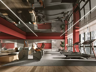 Modern Gym Interior With Fitness Equipment And Natural Light 3d model
