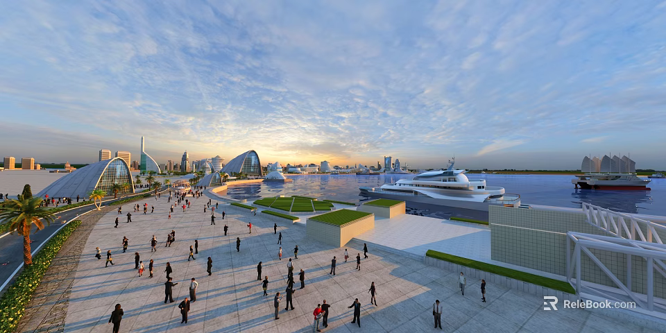 Scenic Waterfront Plaza Landscape With People Modern Architecture And Yacht At Sunset 3d model 