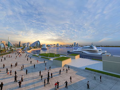 Scenic Waterfront Plaza Landscape With People Modern Architecture And Yacht At Sunset 3d model