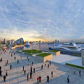 Scenic Waterfront Plaza Landscape With People Modern Architecture And Yacht At Sunset