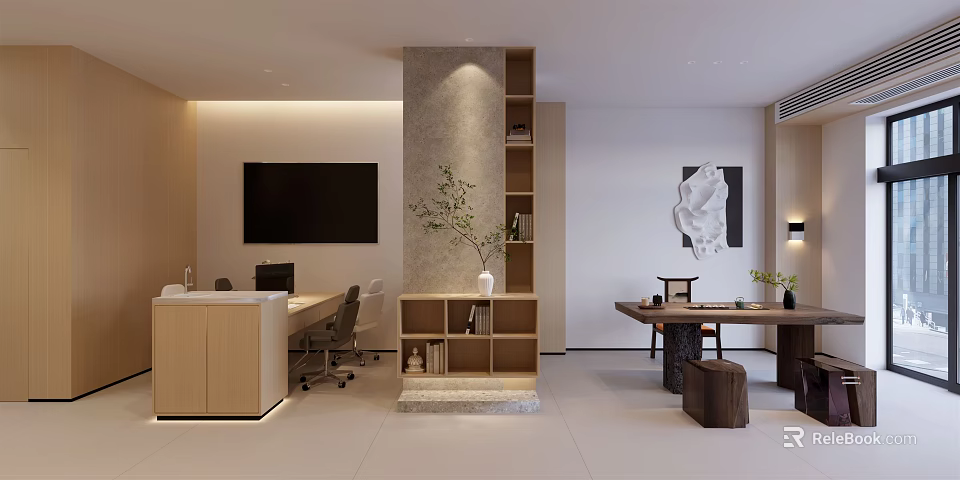 Modern Public Office Space With Open Layout Desks Bookshelves Green Plants And Decorative Art 3d model 
