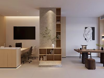 Modern Public Office Space With Open Layout Desks Bookshelves Green Plants And Decorative Art 3d model