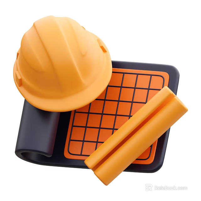 Construction Safety Hard Hat With Blueprint Sheets And Rolled Plans 3d model 