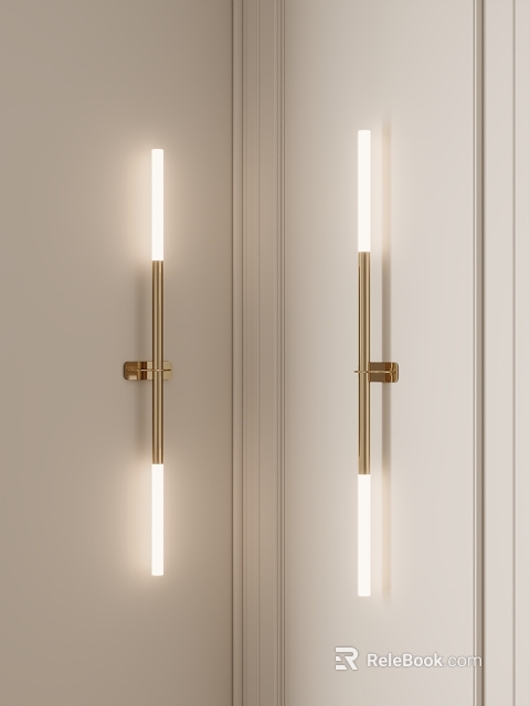 Modern Golden Long Cylindrical Wall Lamps With Warm Light In Interior Space 3d model 