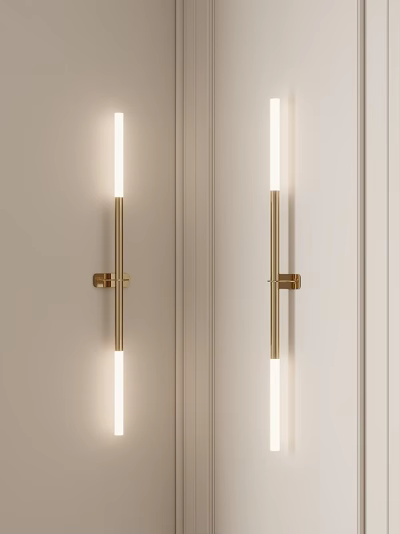 Modern Golden Long Cylindrical Wall Lamps With Warm Light In Interior Space 3d model