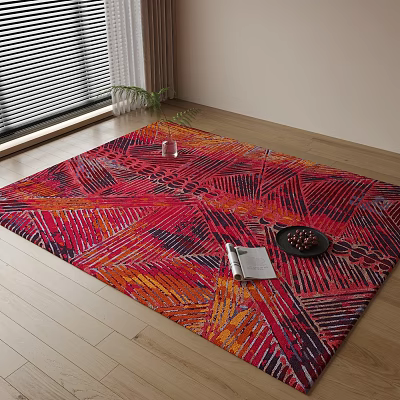 Colorful Geometric Square Area Rug In Living Room With Wooden Floor 3d model