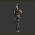 Futuristic Female Character With Horned Headdress Mechanical Armor Green Black 3D Rendering