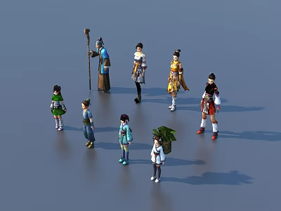 Game and Movie Characters in Various Traditional Costumes Holding Staff and Carrying Basket 3d model